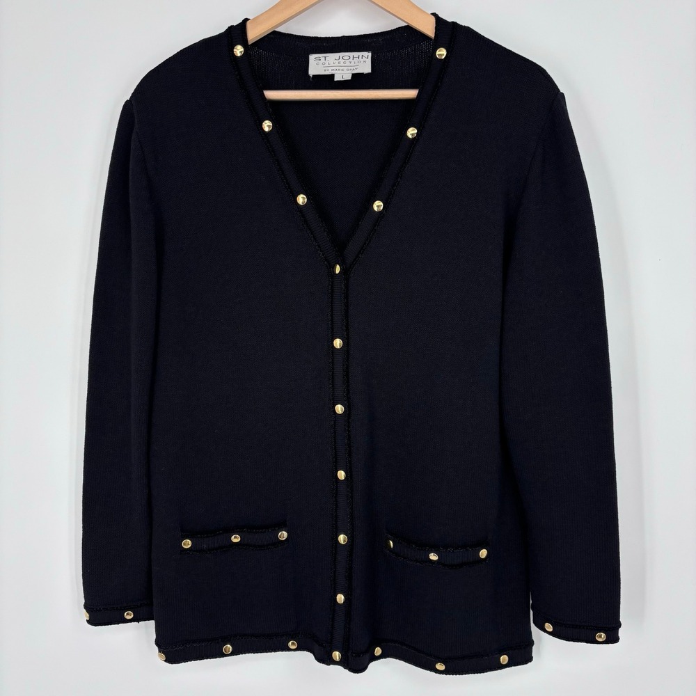 St. John Collection Marie Gray Santana Knit Cardigan Jacket Women L Black Gold